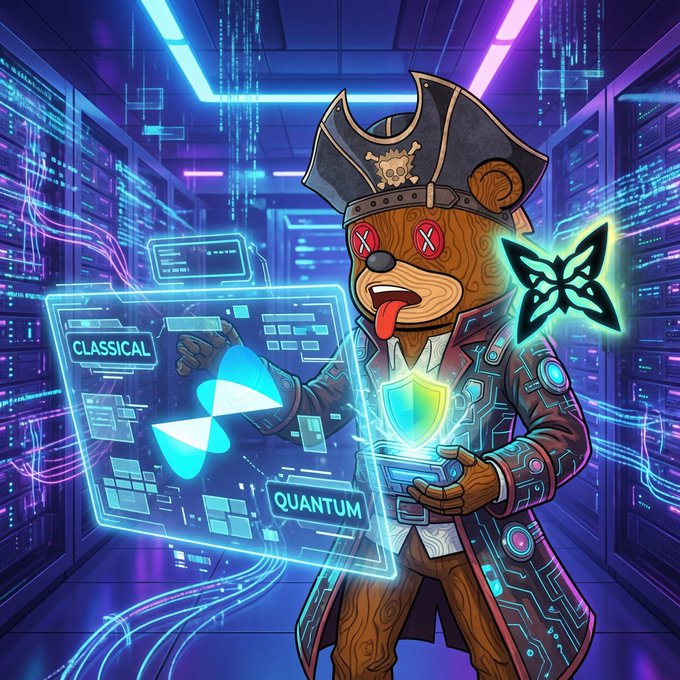 A vibrant cyberpunk-style digital illustration of a pirate teddy bear wearing a tricorn hat and glowing cybernetic coat, holding holographic screens labeled 'CLASSICAL' and 'QUANTUM' with a radiation symbol, in a neon-lit server room.
