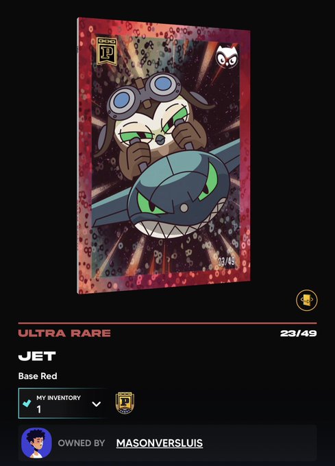 The image shows a Panini Blockchain digital trading card featuring a "JET" character from Moonbirds (Ultra Rare #23/49, Base Red edition) against a red holographic background, which the owner MASONVERSLUIS describes as their first pack pull from the Panini Blockchain collaboration with Moonbirds.