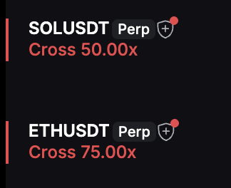 The image shows two cryptocurrency perpetual futures positions with extreme leverage: SOLUSDT Perp at 50.00x Cross and ETHUSDT Perp at 75.00x Cross, both highlighted in red. These highly leveraged cross-margin positions align with the caption's warning about imminent price declines that would trigger liquidations for such risky trades.