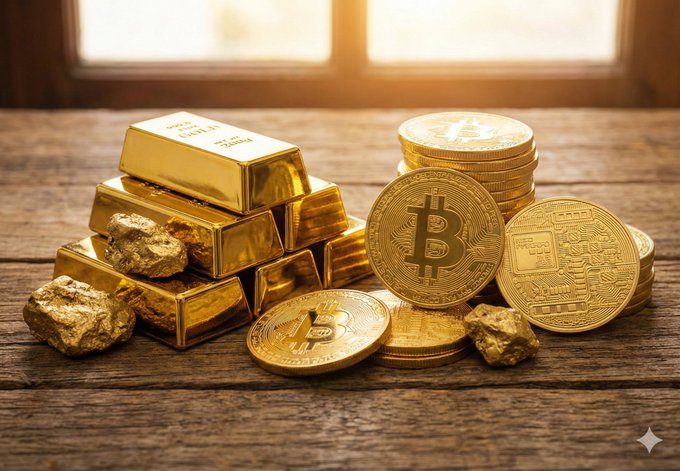A still-life image showing gold bars and gold nuggets stacked on a wooden surface alongside physical Bitcoin coins featuring the ₿ logo.