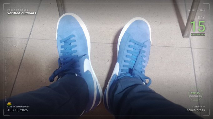 A pair of blue and white Nike sneakers photographed from above on a tiled floor, with overlays indicating 'Day 15' of a streak, 'Proof of Walk: verified outdoors', and 'Certified by touch grass'.