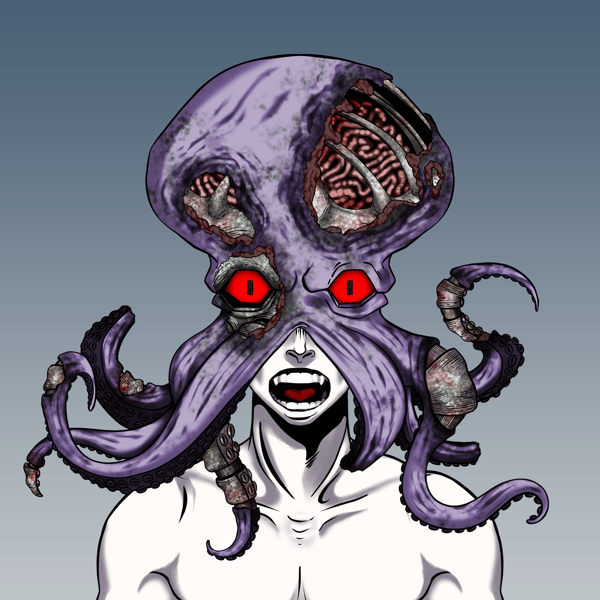 A digital illustration of a pale figure with a purple octopus-like creature on its head, featuring exposed brains and glowing red eyes.