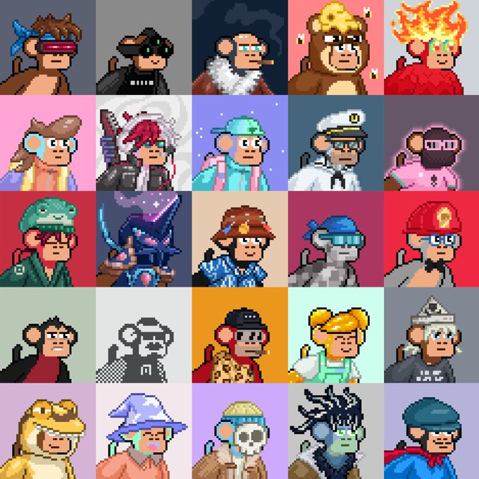 A grid of 25 pixel-art monkey characters wearing various outfits and accessories, including a bear suit, flaming head, pirate, and wizard hat.