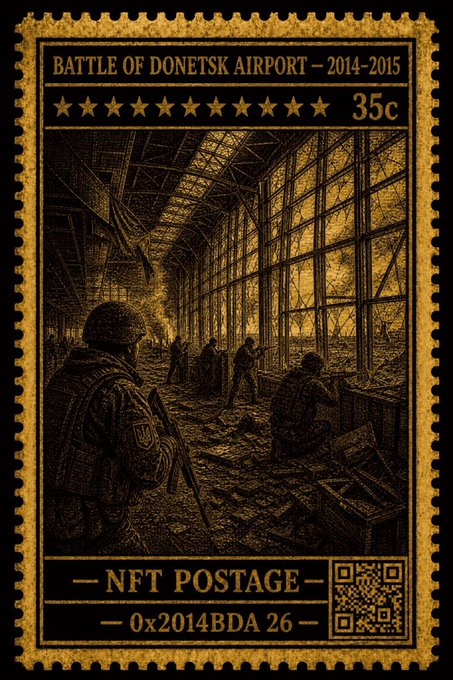 A sepia-toned postage stamp design titled 'BATTLE OF DONETSK AIRPORT – 2014-2015' with a 35c denomination, depicting soldiers in a destroyed terminal, labeled 'NFT POSTAGE' with '0x2014BDA 26' and a QR code.
