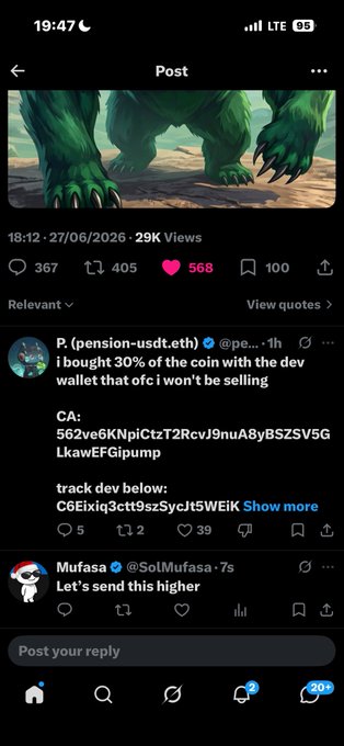 A screenshot of a Twitter/X post from "P. (@pe...-1h)" featuring a green creature illustration, showing 29K views, 568 likes, and 367 replies, where the user claims to have bought 30% of the coin with the dev wallet, displaying a Solana contract address (562ve6KNpiCtzT2RcvJ9nuA8yBSZ5V5GLkawEFGipump). The comment below from Mufasa (@SolMufasa) requesting the content "Let's send this higher" aligns with the user's request to help promote their coin post, while the accompanying message asks the creator to engage with the tweet to help boost visibility for their pump.fun token.