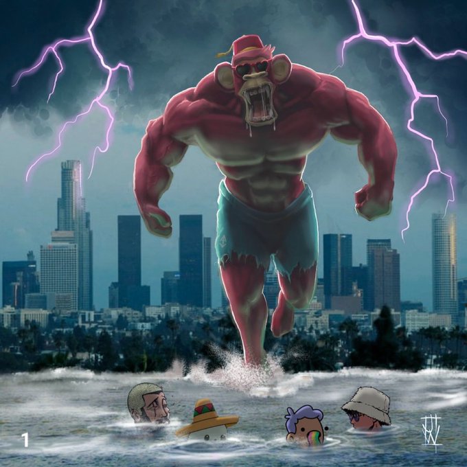 A towering, snarling red bear wearing a cap and tattered shorts strides through floodwaters toward a city skyline under dramatic purple lightning, with four small cartoon heads (including one in a straw hat and one in a bucket hat) partially submerged in the foreground; the number "1" appears in the bottom left corner. The image's apocalyptic mood and the bear's ominous approach evoke the post's warning of impending doom for anyone still in bed.