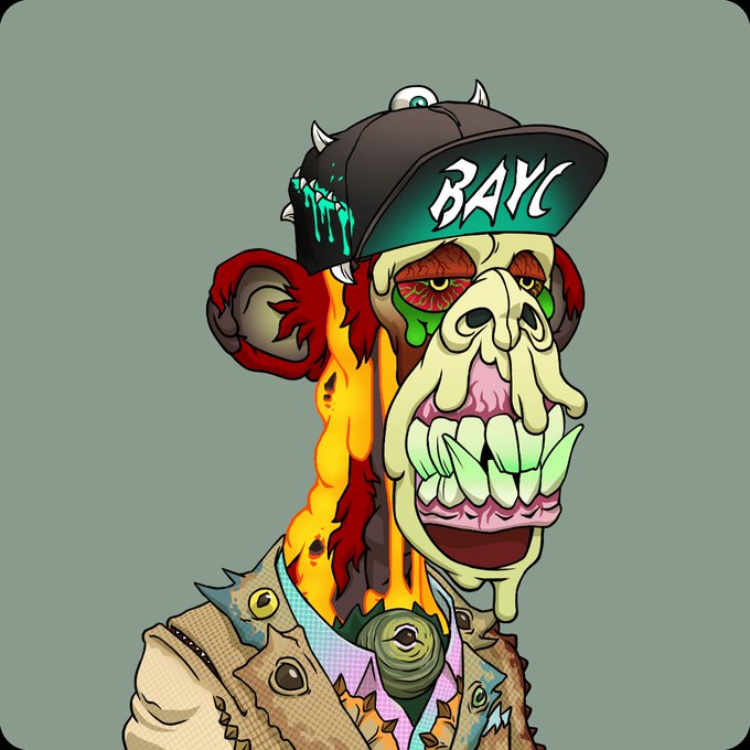 Cartoon-style illustration of a zombie-like ape wearing a "BAYC" cap with horns and a vest, set against a green background.