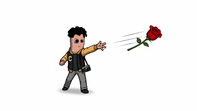 A minimalist cartoon illustration of a boy in a jacket throwing or reaching for a red rose.
