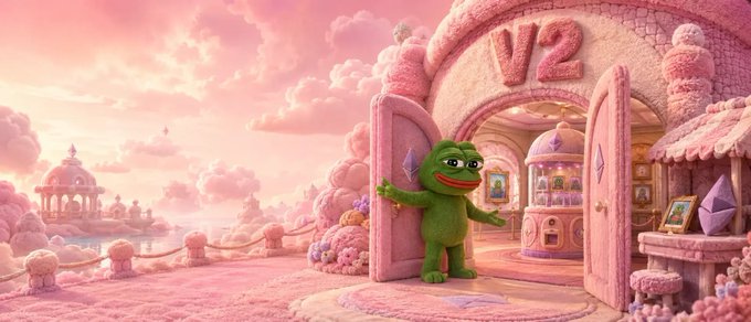 A pink fantasy scene showing the Pepe the Frog character standing in the doorway of a castle decorated with 'V2' above the entrance, under a pink cloudy sky.