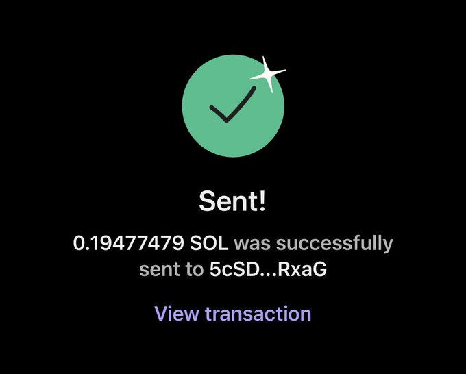 A confirmation screen showing a successful transaction of 0.19477479 SOL sent to address 5cSD...RxaG, with a green checkmark and a "View transaction" link, supporting the post's claim of sending a small crypto gift.