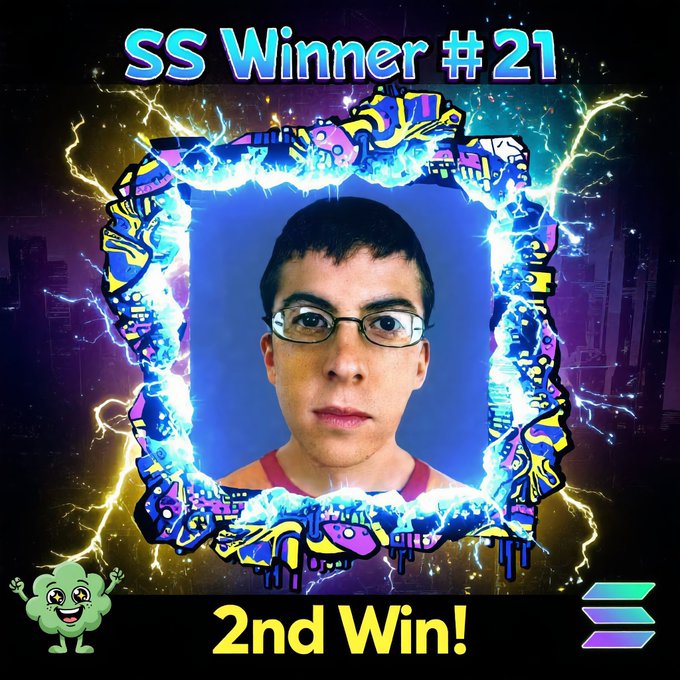 The image features a man wearing glasses, with his face prominently displayed within a frame that has been designed to resemble a lightning bolt pattern. The background of the image is blue, which appears to be adorned with colorful designs resembling lightning bolts. The caption at the bottom of the image reads "SMURF SPOTLIGHT V2 WINNER! Day 21 2nd Win!" and mentions that the winner is selected at random every day. Additionally, there are two green characters in the image, one located on the left side and another on the right side.