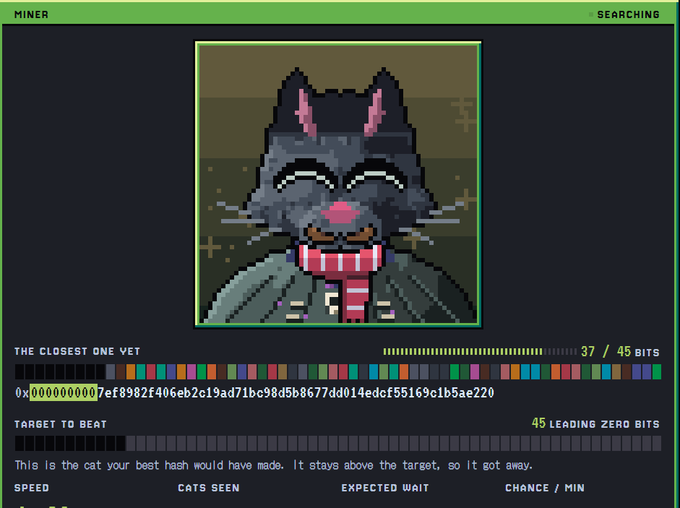 The image shows a "MINER" interface displaying a pixelated black cat character with a wide grin against a dark background, alongside the title "THE CLOSEST ONE YET" and a hash code (0x0000000007ef8982f406eb2c19ad71bc98d5b8677dd014edcf55169c1b5ae220) that scored 37/45 bits. It relates to the post as a screenshot from the hashcats.fun crypto mining game, where the user "mined" this specific rare cat NFT using their GPU, with the hash and bit score serving as proof of the unique find.
