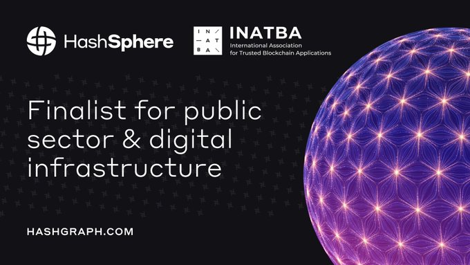 A promotional graphic shows HashSphere logos alongside INATBA (International Association for Trusted Blockchain Applications), stating "Finalist for public sector & digital infrastructure" with a glowing purple networked sphere.