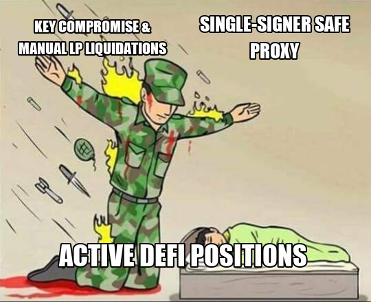 A humorous meme showing a soldier shielding himself from bullets with the label 'KEY COMPROMISE & MANUAL LIQUIDATIONS' and 'SINGLE-SIGNER SAFE PROXY', while standing over a figure labeled 'ACTIVE DEFI POSITIONS'.