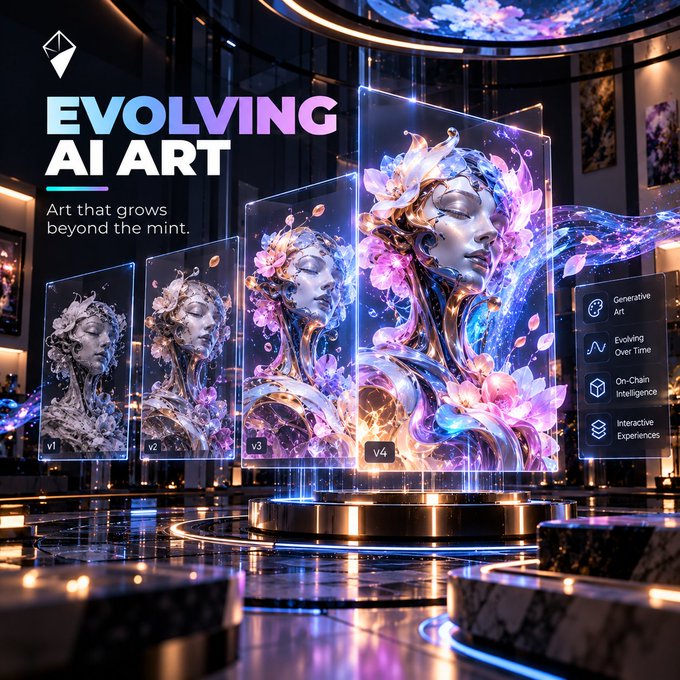A promotional graphic titled 'EVOLVING AI ART - Art that grows beyond the mint,' showing the progression of digital sculptures labeled v1 through v4, with features like 'Generative Art' and 'On-Chain Intelligence' listed.