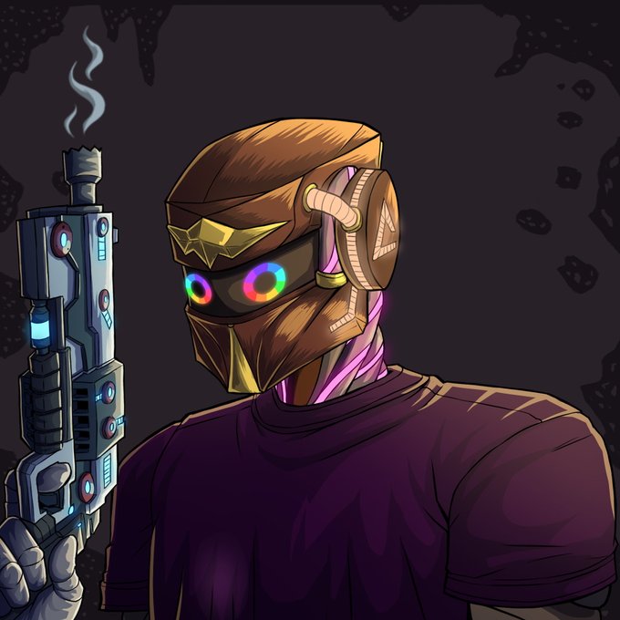 A digital illustration of a sci-fi soldier wearing a brown helmet and purple shirt, holding a large futuristic gun, with glowing rainbow-colored eyes against a dark background.