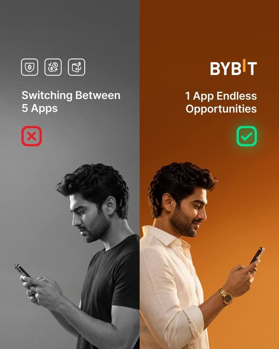 A split advertisement for Bybit showing a stressed man switching between 5 apps (marked with an X) on the left, and a happy man using 1 app (marked with a checkmark) on the right.