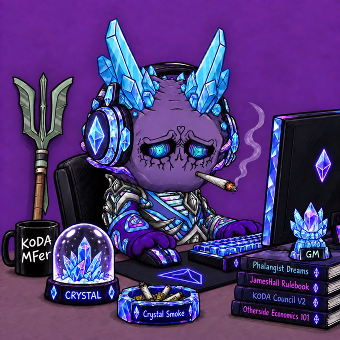 An illustrated purple character adorned with blue crystals sits at a gaming setup, surrounded by items labeled "CRYSTAL," "Crystal Smoke," "KODA MFER," and books titled "Phalangist Dreams," "JamesHall Rulebook," "KODA Council V2," and "Otherside Economics 101."