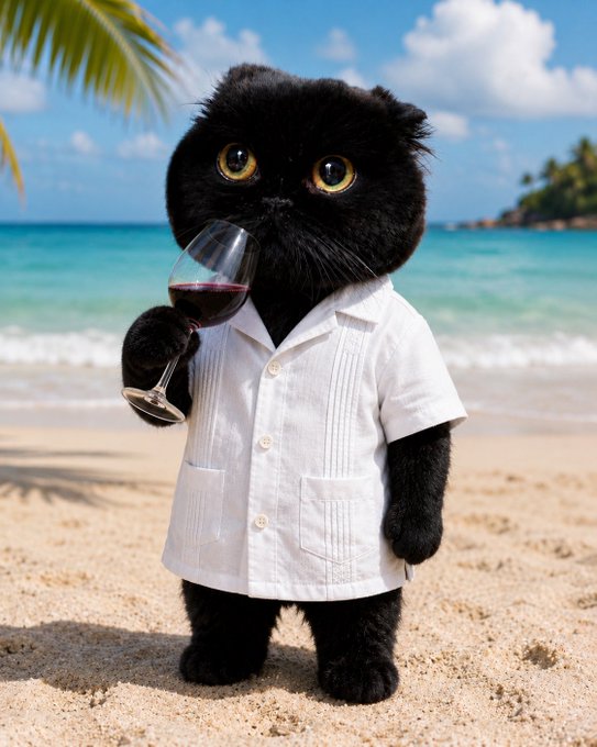 A whimsical black cat stands on a tropical beach in a white Cuban-style guayabera shirt, sipping red wine from a glass. The image evokes a relaxed, sophisticated lifestyle, contrasting humorously with the post's message about Ethereum fees being reinvested into $PONS token buybacks—suggesting the cat is enjoying fine wine funded by crypto profits.
