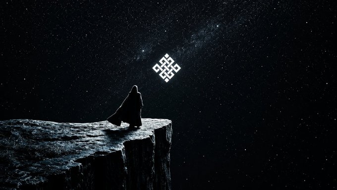 A hooded figure stands on a cliff edge beneath a starry night sky, looking up at the Binance logo floating in the cosmos.