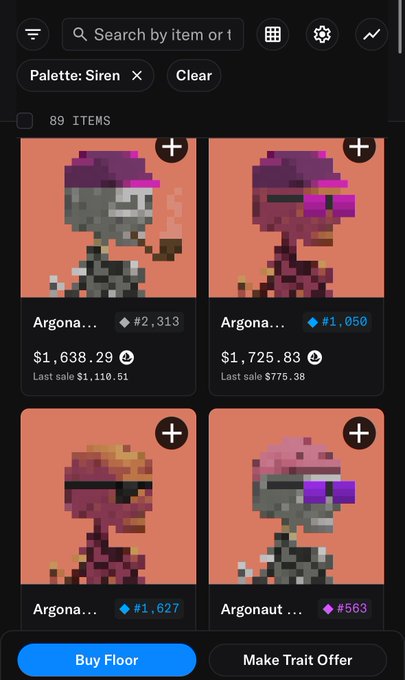 An NFT marketplace interface filtering by "Palette: Siren" showing four 'Argonauts' pixel-art skeletons for sale with various prices ranging from $1,638.29 to $1,725.83 and different rarity ranks.