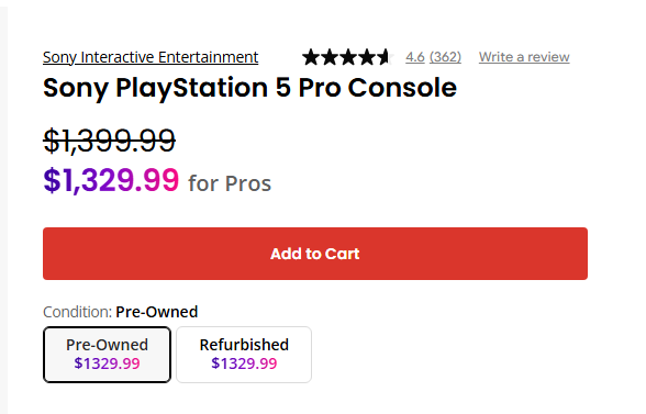 A product listing for 'Sony PlayStation 5 Pro Console' by Sony Interactive Entertainment, priced at $1,399.99 ($1,329.99 for Pros), with options for Pre-Owned and Refurbished conditions.