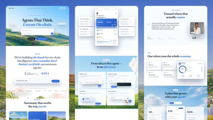 A collage of website design mockups showcasing 'Akord', featuring sections like 'Agents That Think, Execute On-chain' and pricing plans starting at $0, $49, and $199.
