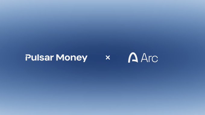 A blue gradient background displaying 'Pulsar Money x Arc' partnership branding.