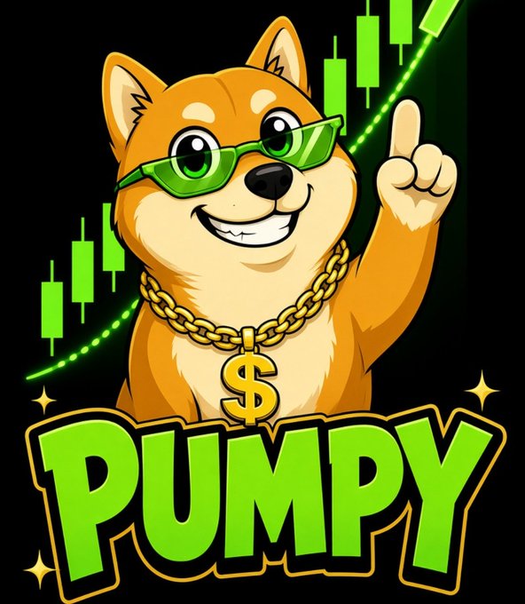 A cartoon Shiba Inu dog wearing green sunglasses and a gold chain with a dollar sign pendant points upward against a background of green candlestick charts, with the word 'PUMPY' displayed prominently below.