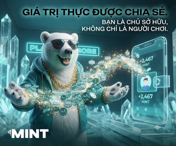 An advertisement image featuring a polar bear in sunglasses and a gold chain surrounded by MINT tokens and crystals, with Vietnamese text and a smartphone graphic showing +2,467 MINT.