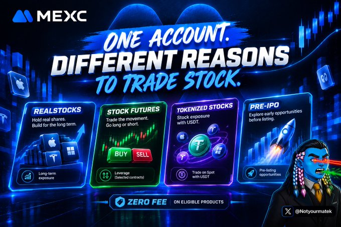 A MEXC cryptocurrency exchange advertisement titled 'ONE ACCOUNT. DIFFERENT REASONS TO TRADE STOCK' promoting Real Stocks, Stock Futures, Tokenized Stocks, and Pre-IPO offerings with zero fees, branded with @Notyourmatek.