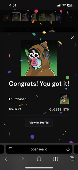 A mobile screenshot from opensea.io showing a purchase confirmation with confetti animation: 'Congrats! You got it!' for 1 NFT purchased at '0.0199 ETH' total spent.