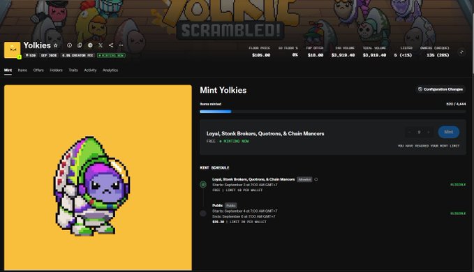 Screenshot of the Yolkies NFT mint page on a Solana-based marketplace, displaying pixel art characters, a floor price of $185.20, and mint schedule details.