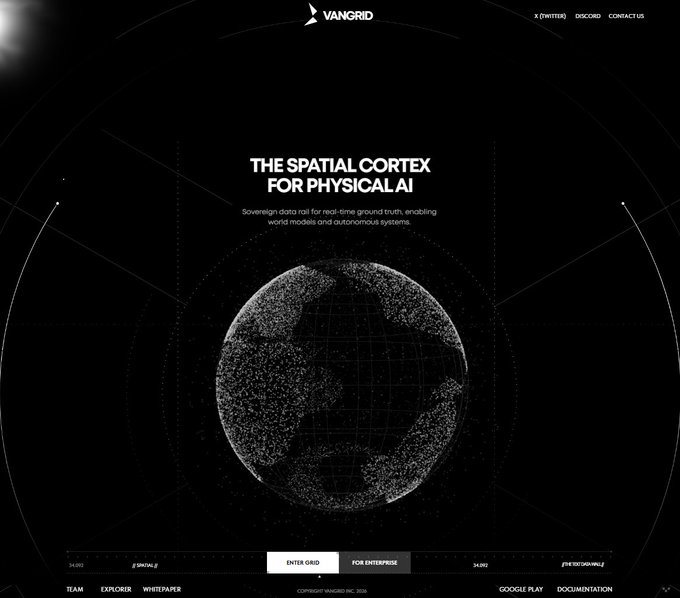 The image depicts the VanGrid website homepage, featuring the tagline "THE SPATIAL CORTEX FOR PHYSICAL AI" and a wireframe globe illustration against a black background, with navigation links to X (Twitter), Discord, and Contact Us. This relates to the post as it visually introduces VanGrid, the company being analyzed for its buyer-funded bounty model for collecting real-world spatial data.