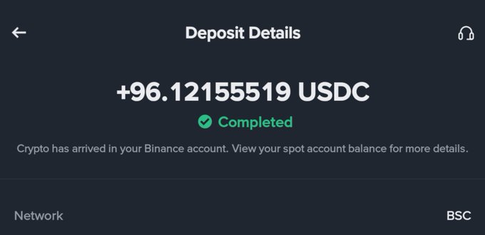 A Binance 'Deposit Details' screen showing a completed deposit of +96.12155519 USDC on the BSC (BNB Smart Chain) network.