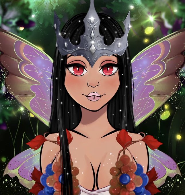 A digital anime-style illustration of a fairy with black hair, a silver crown, purple wings, and red eyes, surrounded by autumn leaves and berries.