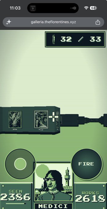 A screenshot from "galleria.theflorentines.xyz" shows a pixel-art game interface with a "MEDICI" character, a "FIRE" button, and stats reading SEEN 2356 and WORKS 2618, while a counter at the top displays 32 and 33. The image illustrates the gameplay frustration described in the post, capturing the moment of progress loss when the user accidentally refreshed while trying to collect coins for a WL spot.