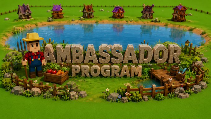A 3D rendering of a man in a straw hat, holding an orange and blue sign with the words "AMBASSADOR PROGRAM" against a backdrop of a pond surrounded by houses and trees.