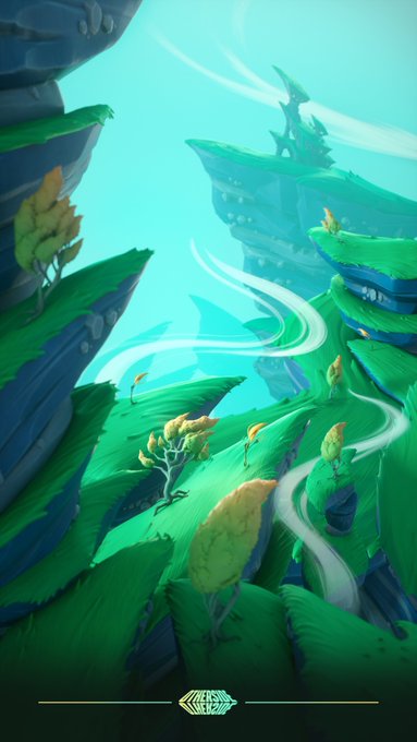 A vibrant fantasy landscape showcases sweeping teal skies with wispy smoke-like clouds curling between lush, grassy cliffs and rugged rock formations, capturing the "wide open" serenity and hidden danger of the Steppes starting environment.