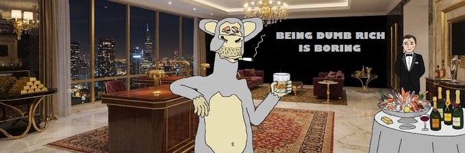 A cartoon kangaroo holding a mug stands in a luxurious high-rise apartment overlooking a city skyline at night, saying 'BEING DUMB RICH IS BORING', while a waiter stands near a table laden with food and wine.
