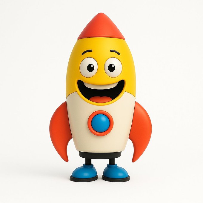 A 3D rendering of a yellow and white toy rocket character with red fins, blue boots, and a smiling face.