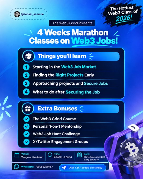 Promotional poster for 'The Web3 Grind' advertising a 4-week marathon class on Web3 jobs, listing learning topics and bonuses, with a venue of Telegram Livestream starting September 26th and WhatsApp contact 08086259757.