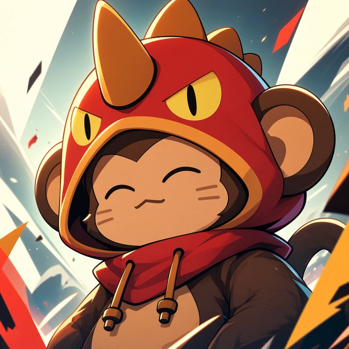 A digital illustration of a cute, cartoon-style monkey character wearing a red hood with orange horns, smiling with closed eyes against a dynamic, action-themed background.