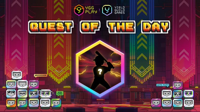 A vibrant pixel-art style promotional graphic titled "QUEST OF THE DAY" featuring YGG Play and Yield Guild Games logos at the top, with a silhouetted character holding a bat in a glowing hexagonal frame at the center. The text "CHAD Boss Raider IV" and reference to playing at least 5 matches against the fourth boss aligns with the displayed silhouette and the "GIGACHADBAT" game branding at the bottom.