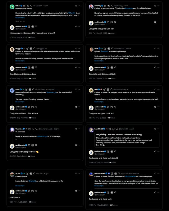 A collage of Twitter/X posts showing multiple users congratulating @willienui on joining various companies and roles, including 'Frontier Traders', 'Social Media Lead', 'KOL Manager', and 'Director of Social Media'.