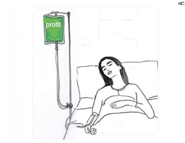 A cartoon illustration of a sick woman lying in a hospital bed connected to an IV drip filled with green liquid labeled 'profit'.