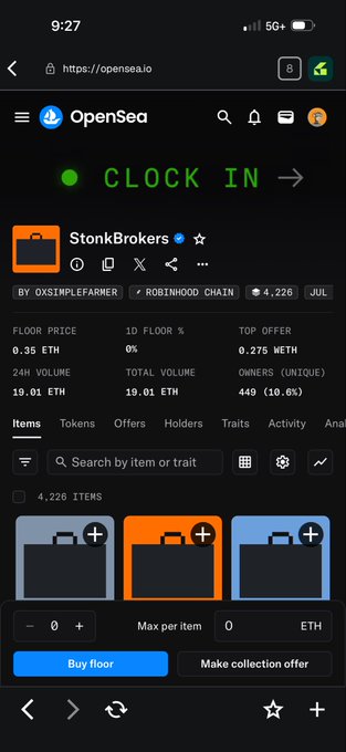 OpenSea mobile interface showing the 'StonkBrokers' NFT collection with a floor price of 0.35 ETH, 4,226 items, and a 'CLOCK IN' banner.