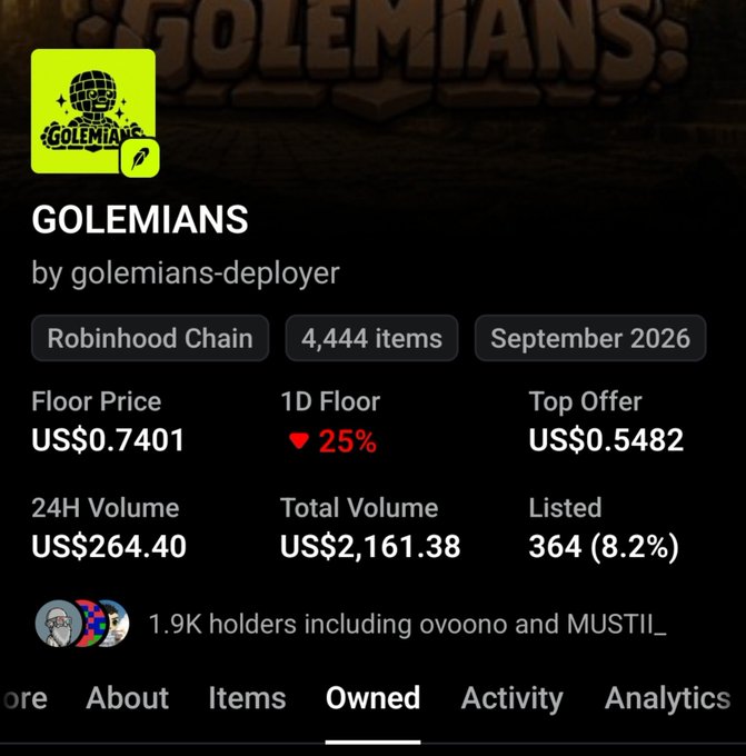 The image displays the OpenSea listing for the "GOLEMIANS" NFT collection on Robinhood Chain, showing 4,444 items with a floor price of US$0.7401 (down 25% in 1 day), top offer of US$0.5482, and 1.9K holders. The caption "Mark my word This project will go higher than this" suggests the poster is bullish on GOLEMIANS despite the recent 25% drop in floor price.