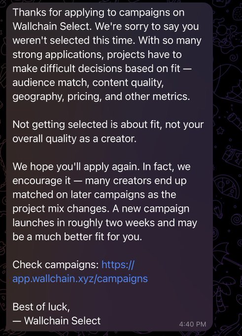 The image shows a phone screen displaying a text message from someone named @wallchain Select. In this message, there are several suggestions for a project that aims to help users find relevant content quickly. The main takeaway seems to be about improving audience engagement and quality by using matching advertisements based on preferences or interests of the viewers. This might be related to an app or website they have used before which successfully delivered better results than other similar applications. However, it is unclear if this message is directed towards a particular individual or the entire @wallchain Select community. The main focus should remain on improving audience experience and engagement using matching advertisements.