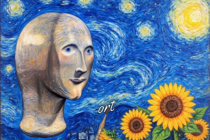 An artistic image featuring a stone head with a human-like face against Van Gogh's 'Starry Night' background, accompanied by sunflowers and the text 'ort' in the lower portion.